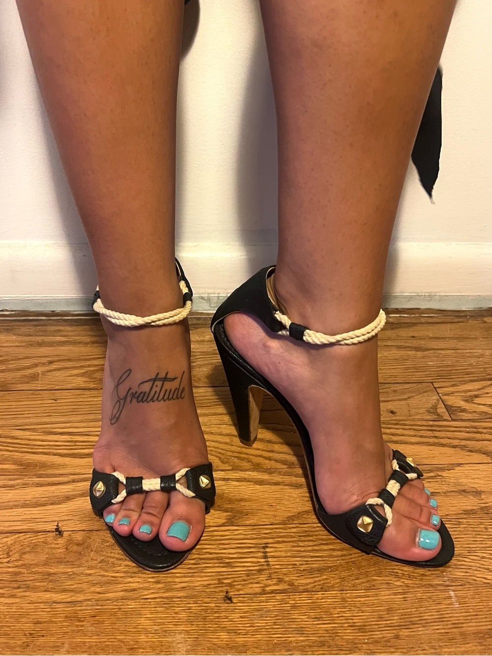 Steve Madden (inspired) Black and Cream Rope Ankle Strap High Heels - Women